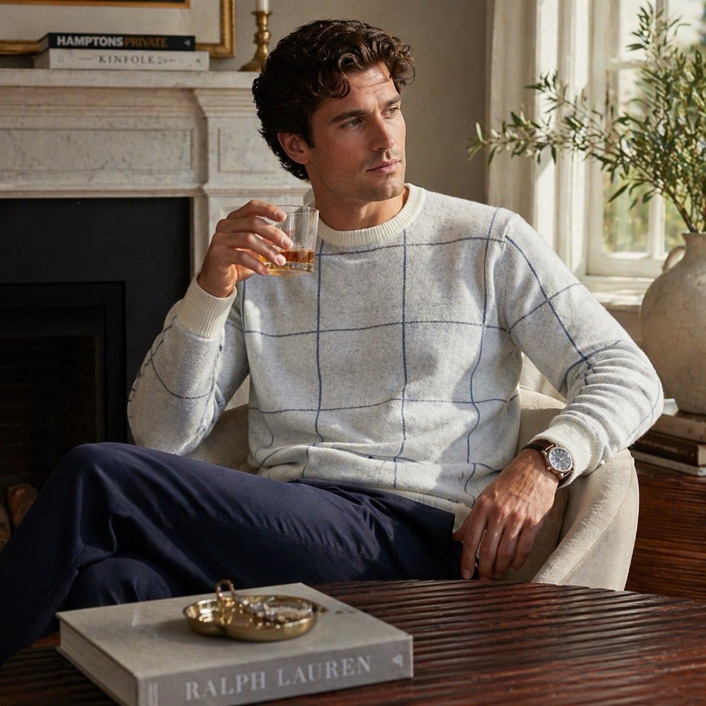 J.Crew Cashmere Blend Windowpane Sweater Men's Large Blue White Crewneck‎ Knit